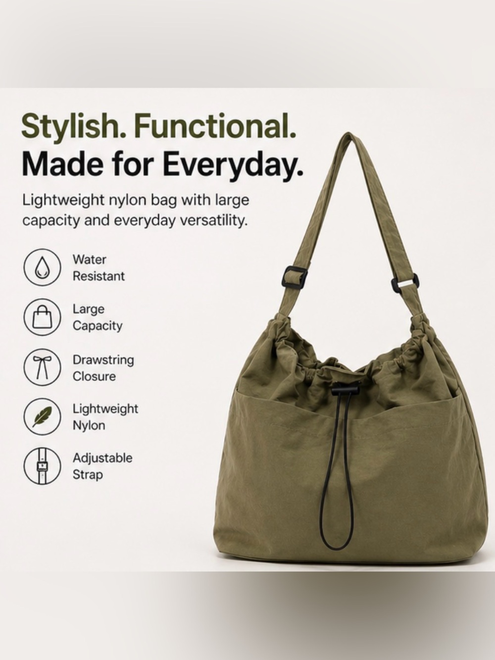 Nylon Olive Green Drawstring Shoulder Bag - Picture 2 of 6